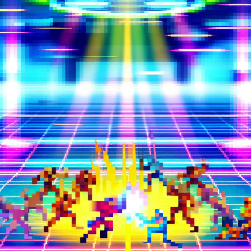 Dynamiczna walka na arenie w stylu neonowego pixel artu w grze Roto Force.