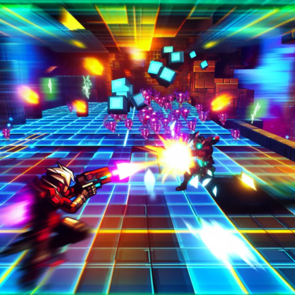 Dynamiczna scena walki na neonowej arenie w grze Crunchyroll: Roto Force