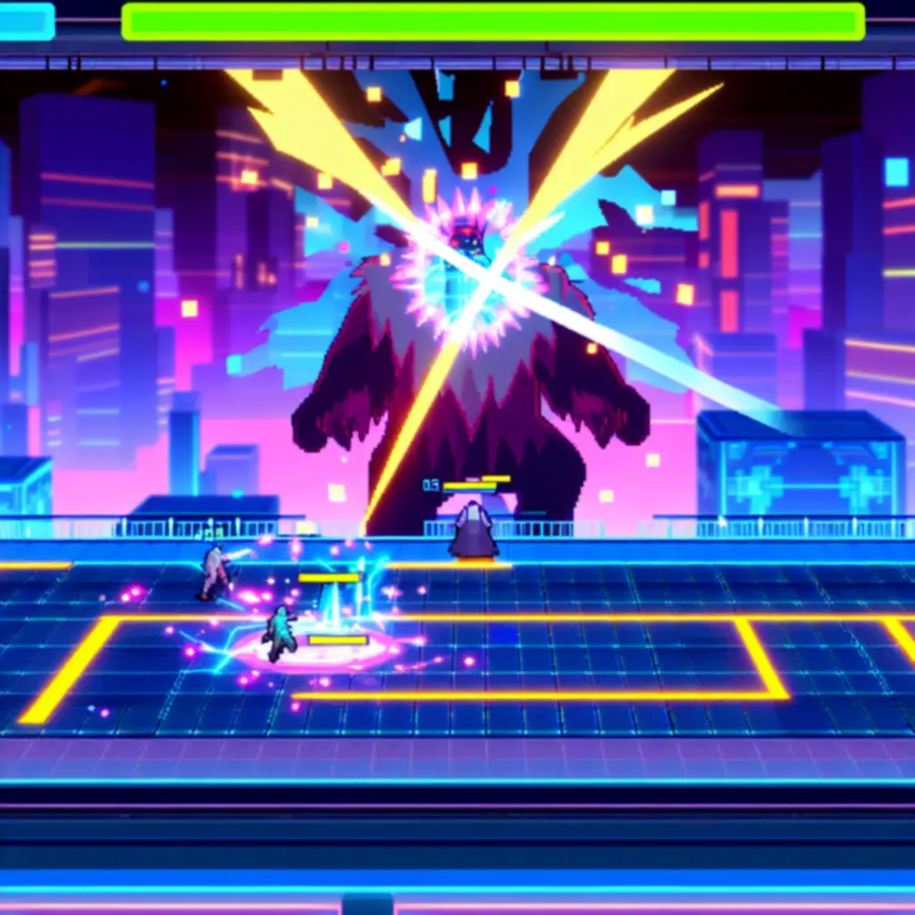 Neonowa arena starcia z bossem w stylu pixel art w grze Roto Force