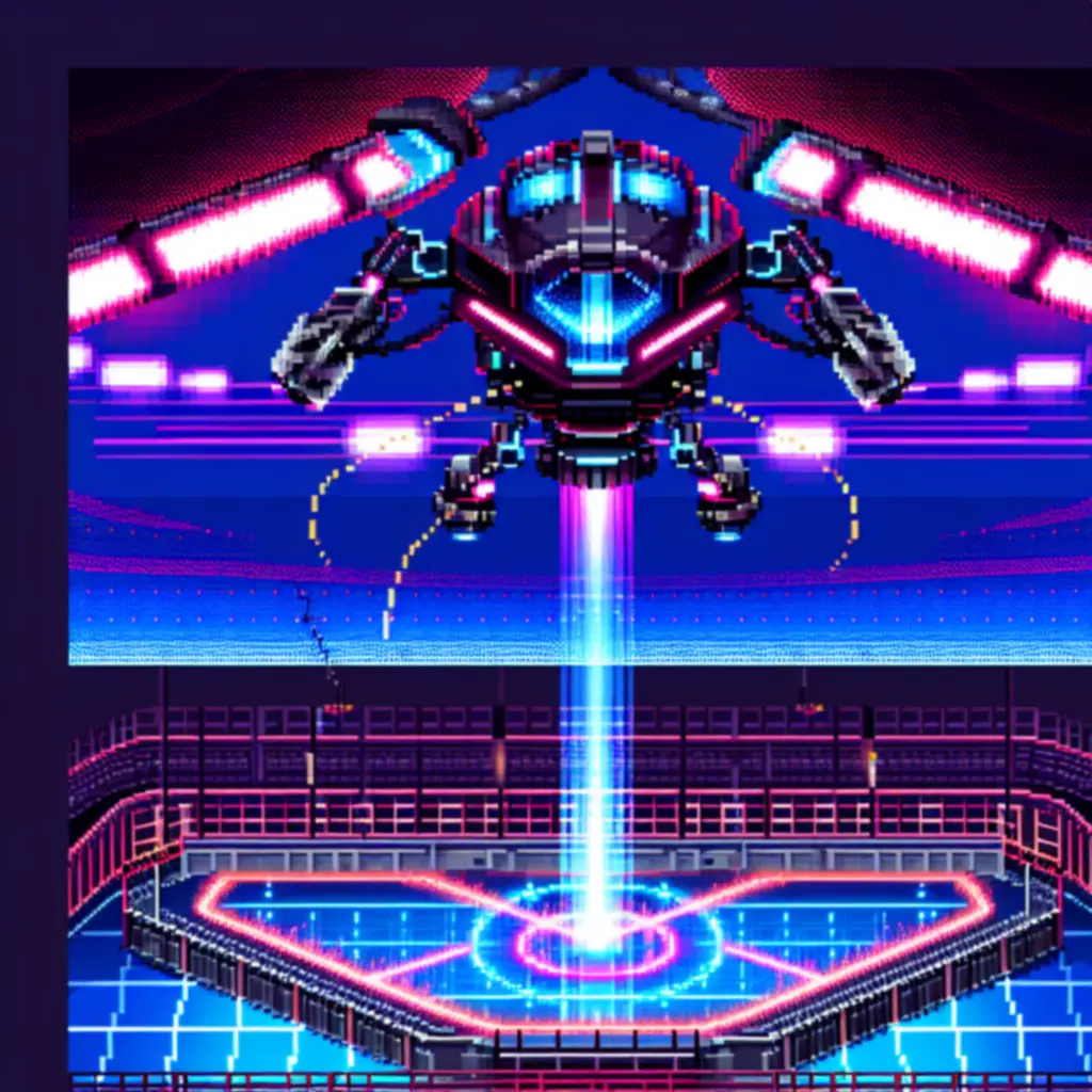 Hyper Drone, latający boss w neonowym pixel arcie z polem siłowym