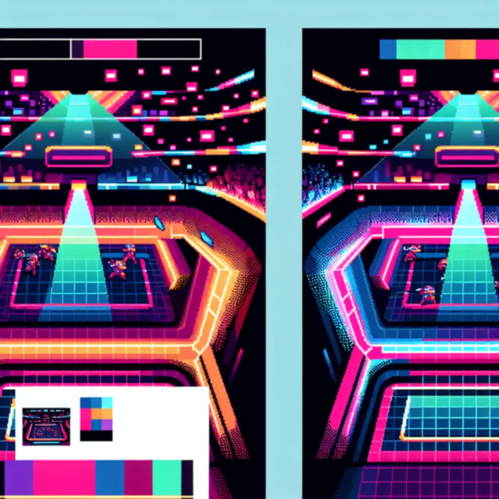 Neonowy styl pixel art gry Crunchyroll: Roto Force z energetyczną paletą barw