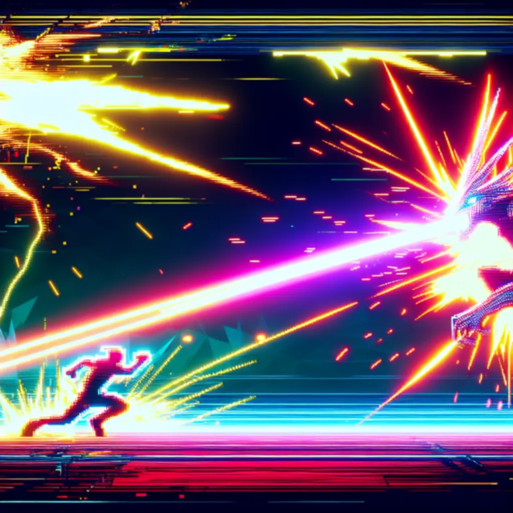 Dynamiczna walka z bossem w neonowym pixel arcie w grze Roto Force