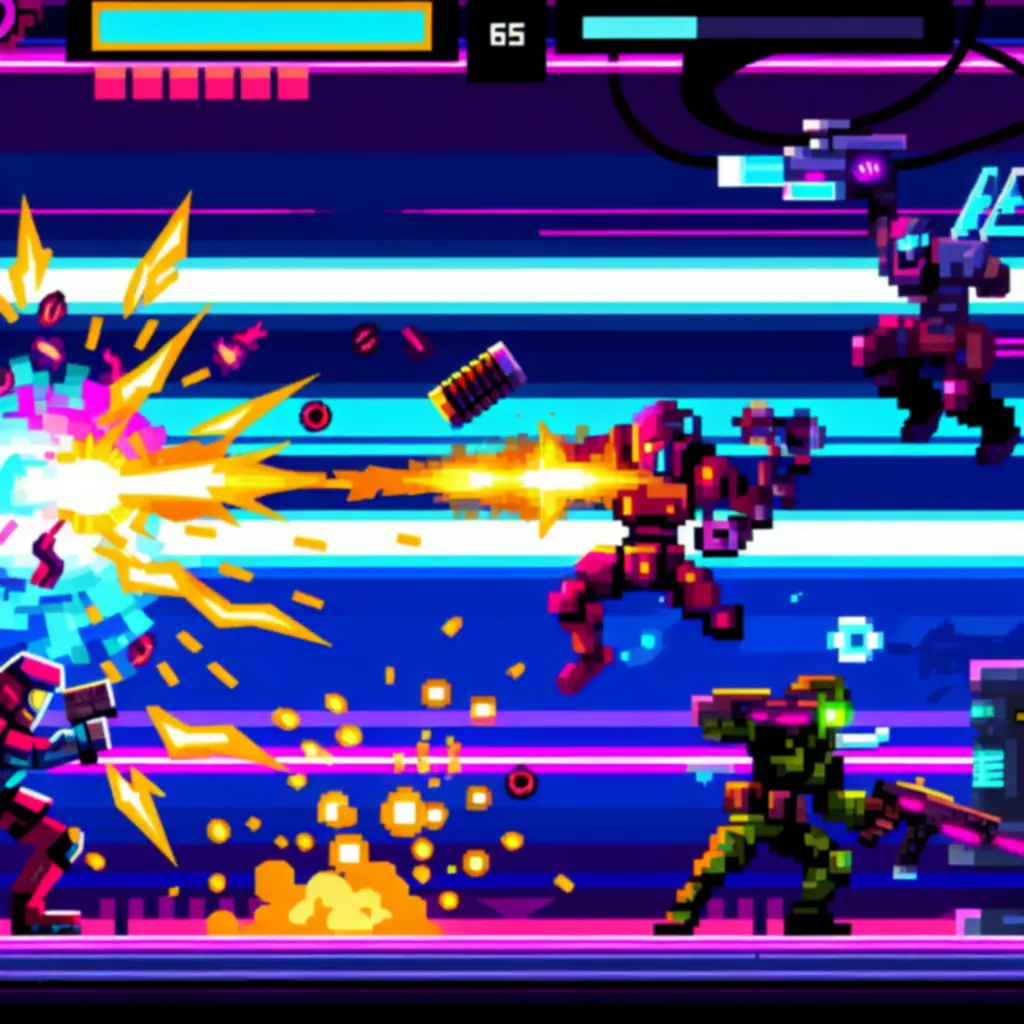 Neonowy pixel art z gry Roto Force pełen energii i kontrastów