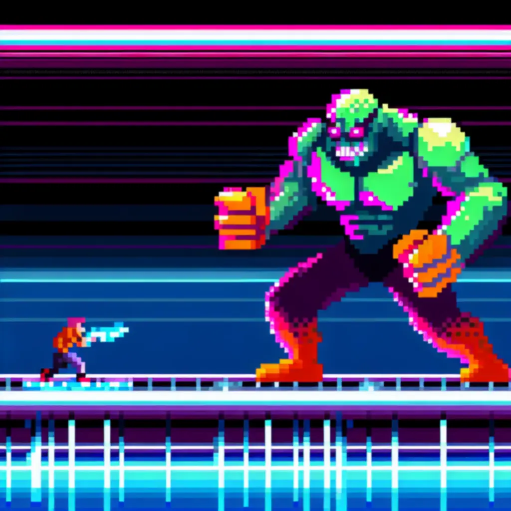 Pojedynek z bossem w grze Roto Force na neonowej arenie