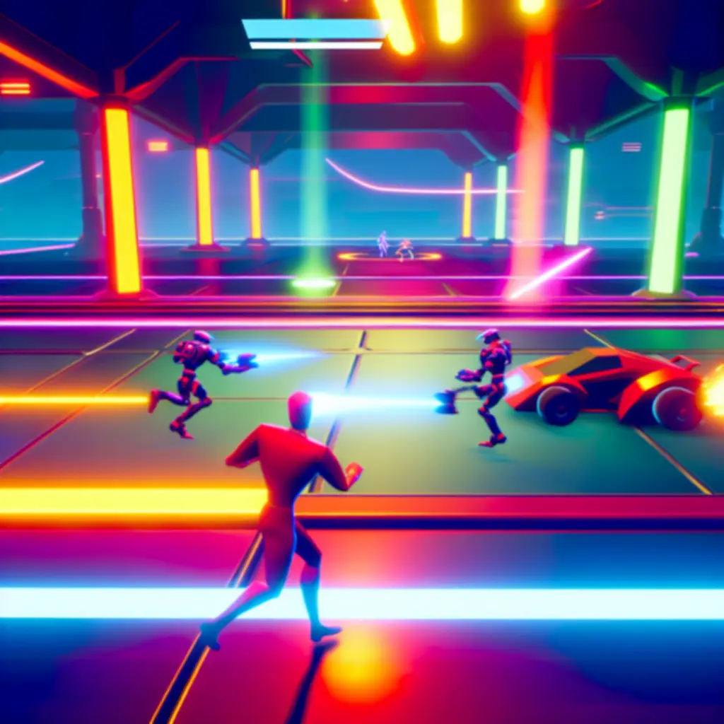 Dynamiczny zrzut ekranu z gry Roto Force w neonowej stylistyce pixel art