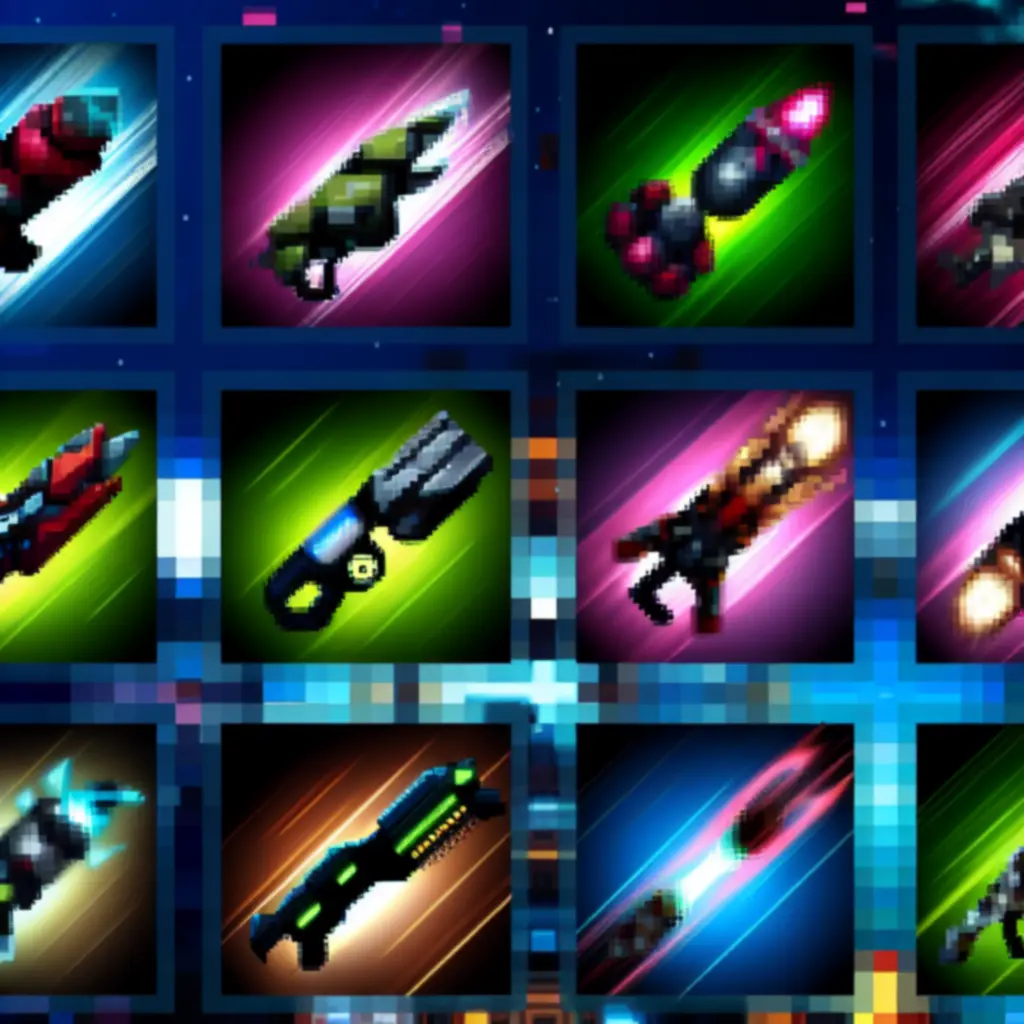 Ekran wyboru różnorodnych broni w neonowym stylu pixel art w grze Roto Force.